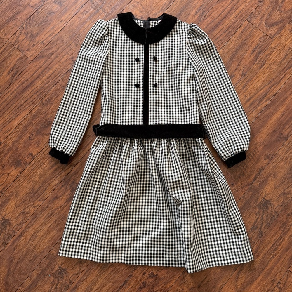 Rare Vintage Black White Gingham Checkered Dress 80s Peter Pan Velvet Collar 12